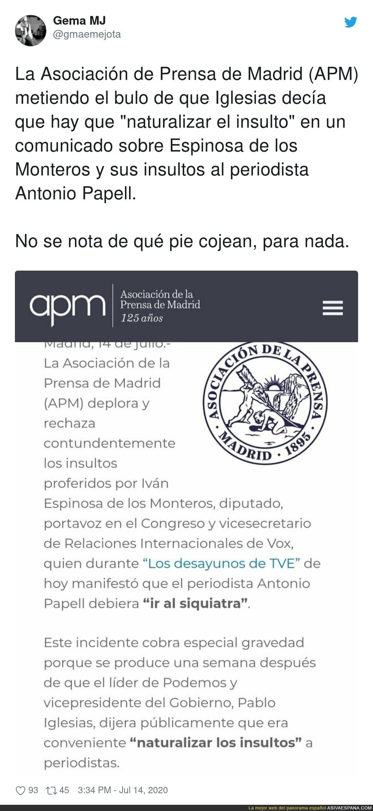 La Asociación de la Prensa de Madrid difundiendo bulos y culpa a Pablo Iglesias