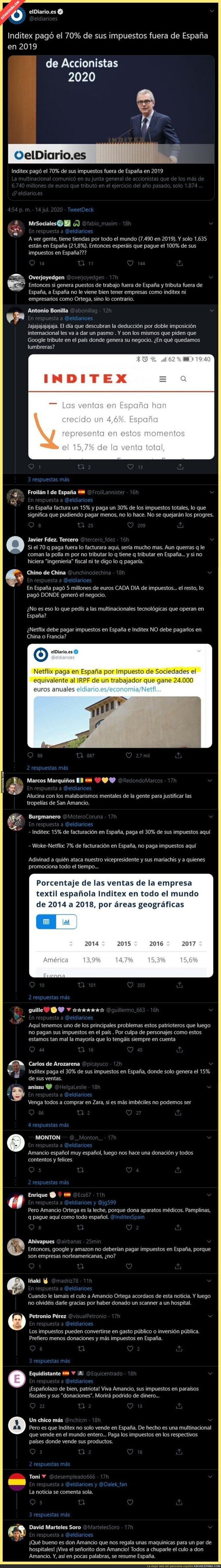 Los comentarios de fachas intentando justificar que Amancio Ortega con Inditex pagó el 70% de sus impuestos fuera de España