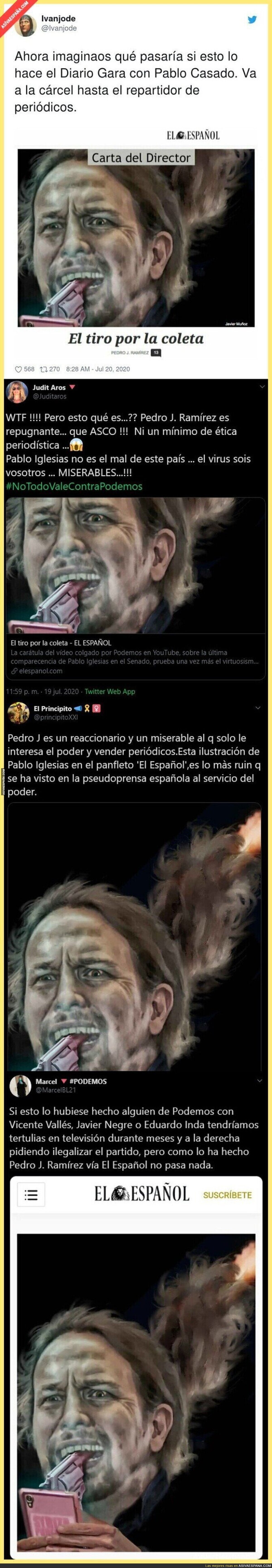 Gran polémica por la ilustración que han elegido en 'El Español' de Pablo Iglesias con  una pistola en su boca