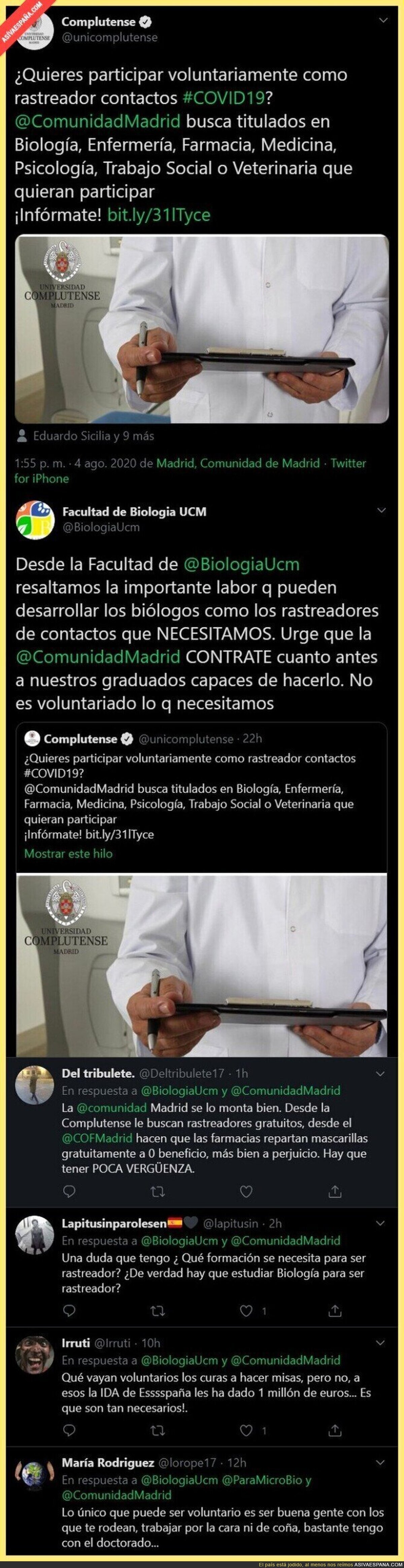 La facultad de Biología de la UCM le da un ZASCA monumental a la Complutense de Madrid por buscar voluntarios contra el COVID19
