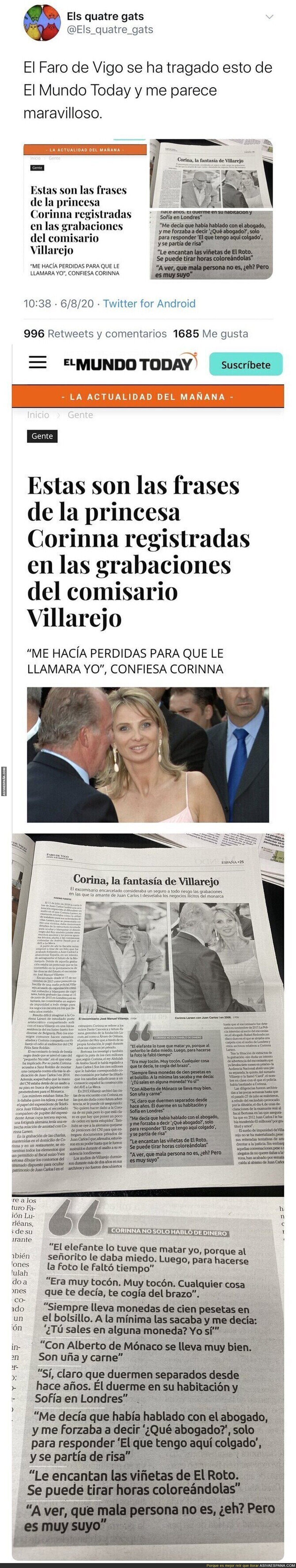 Espectacular: El 'Faro de Vigo' da como noticia real todas estas frases falsas de Corinna salidas de 'El Mundo Today'