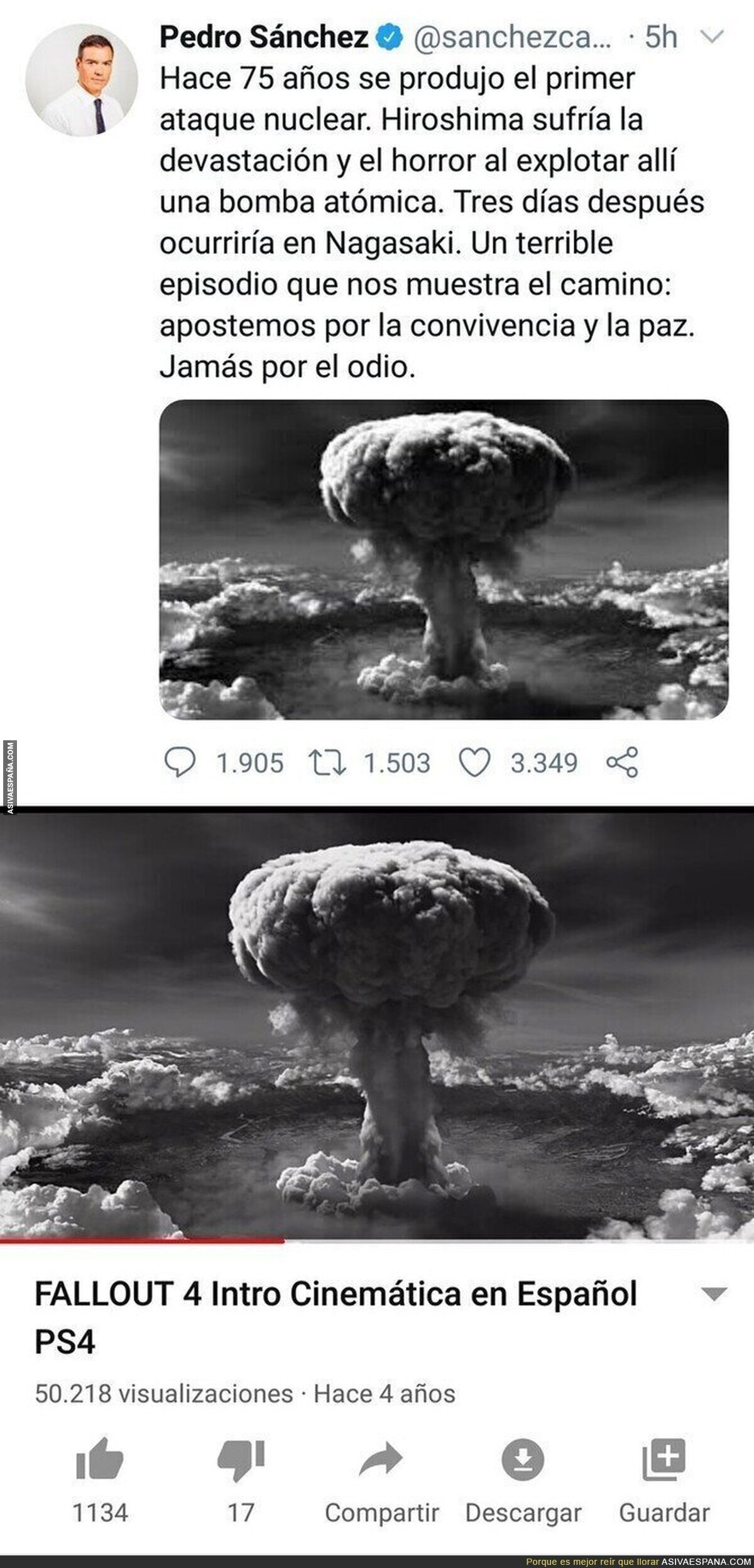 Pedro Sánchez usa una imagen del 'Fallout 4' para recordar el 75 aniversario de la bomba atómica en Hiroshima 