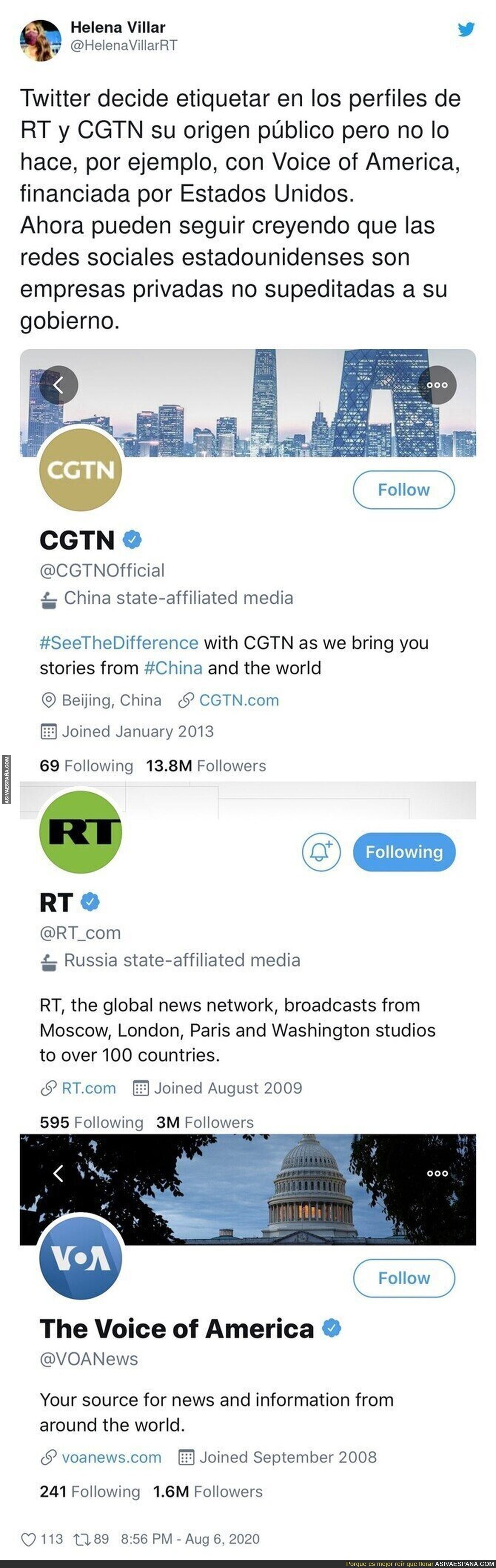 Twitter pone el foco en los medios rusos y chinos pero obvia a los estadounidenses