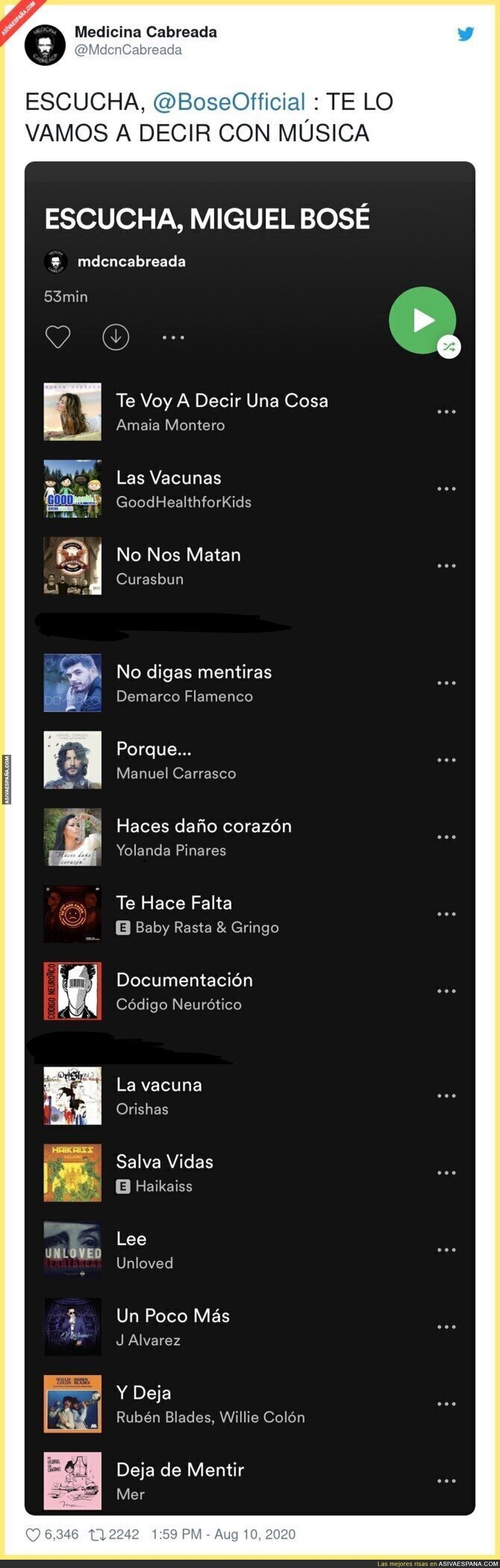 Le dedican a Miguel Bosé una lista de Spotify con canciones con un mensaje muy claro sobre las vacunas