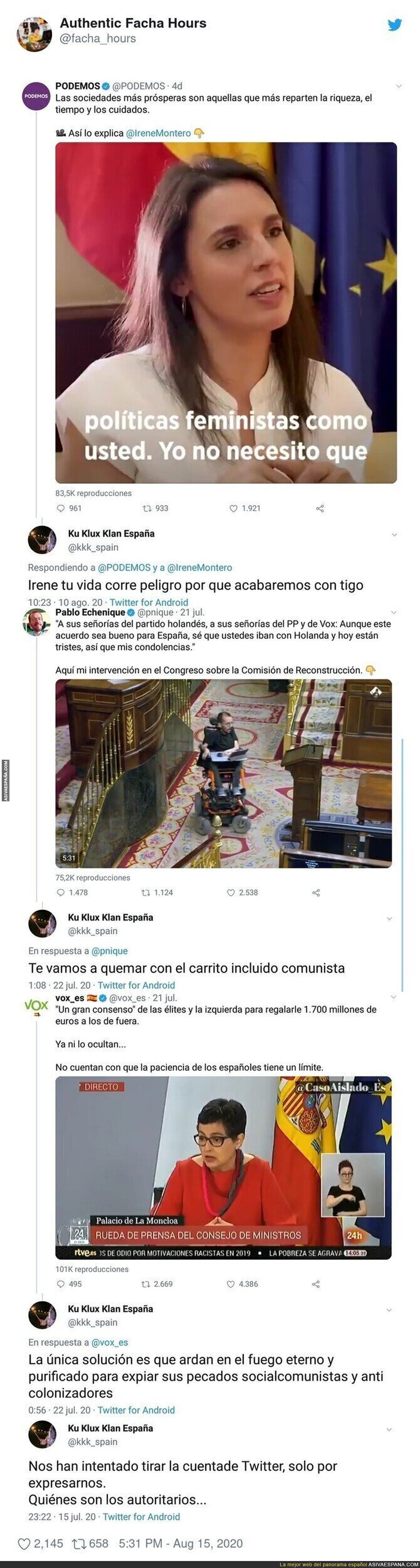 La cuenta de 'Ku Klux Klan España' se hace la ofendida tras poner todos estos mensajes a miembros de Podemos