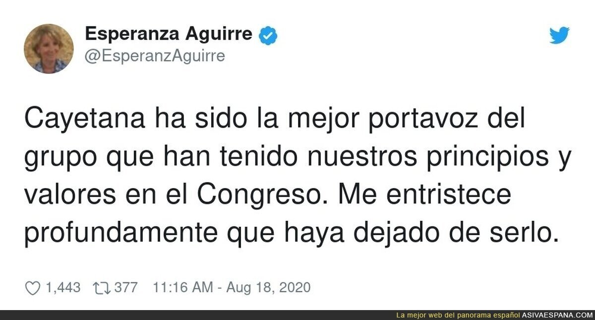 Esperanza Aguirre y su tristeza por la marcha de Cayetana del PP