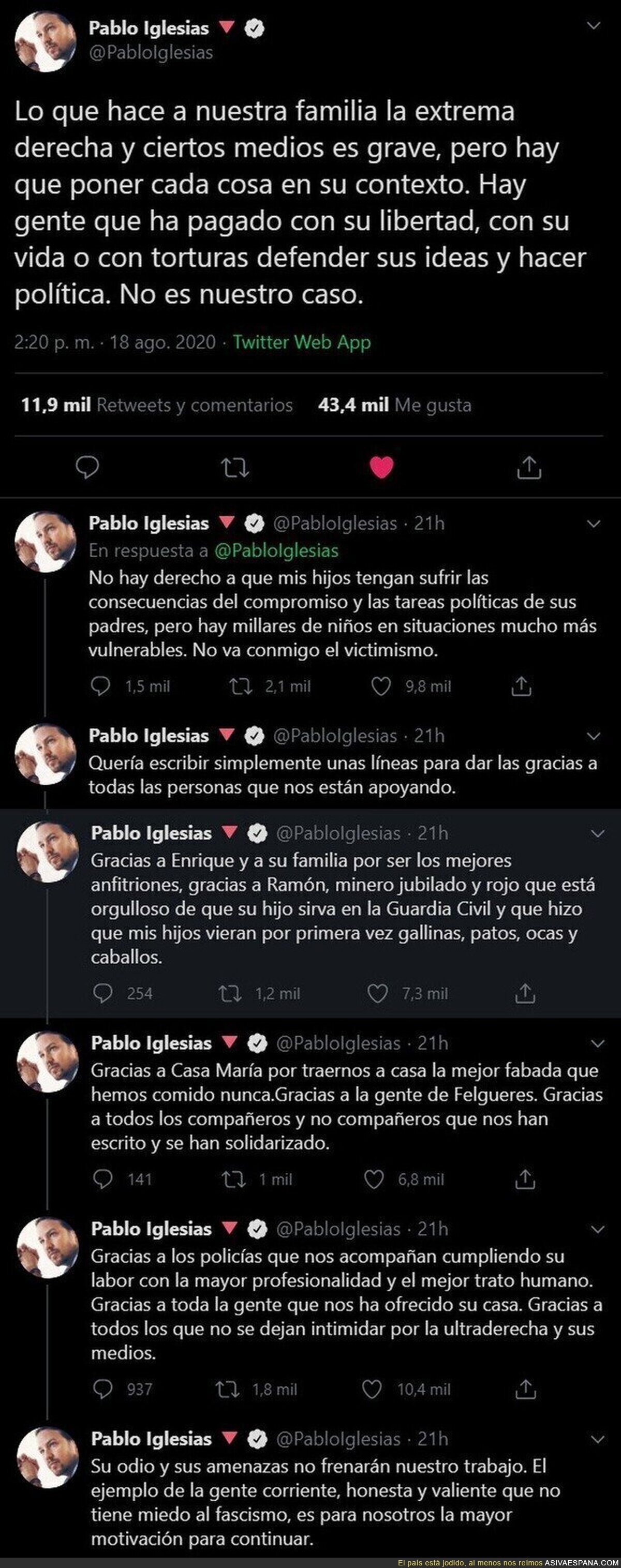 Pablo Iglesias lanza unos mensajes sobre el acoso que ha recibido mientras estaba de vacaciones