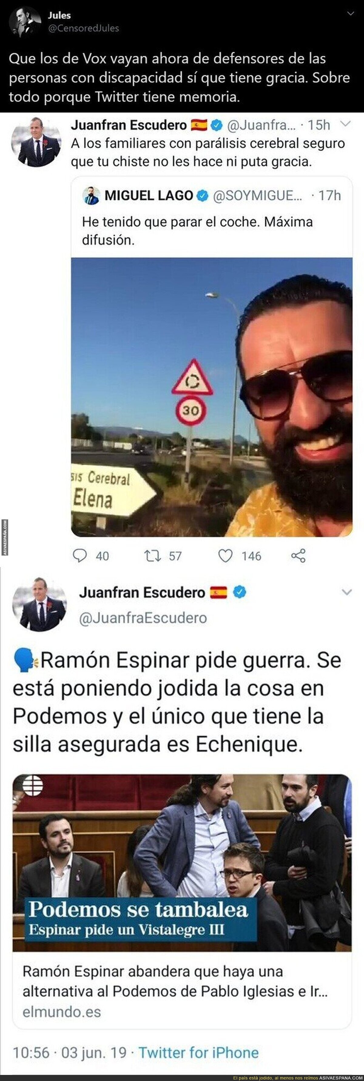 Juanfran Escudero queda totalmente retratado después de ofenderse por humor negro tras él haber tuiteado esto sobre Pablo Echenique