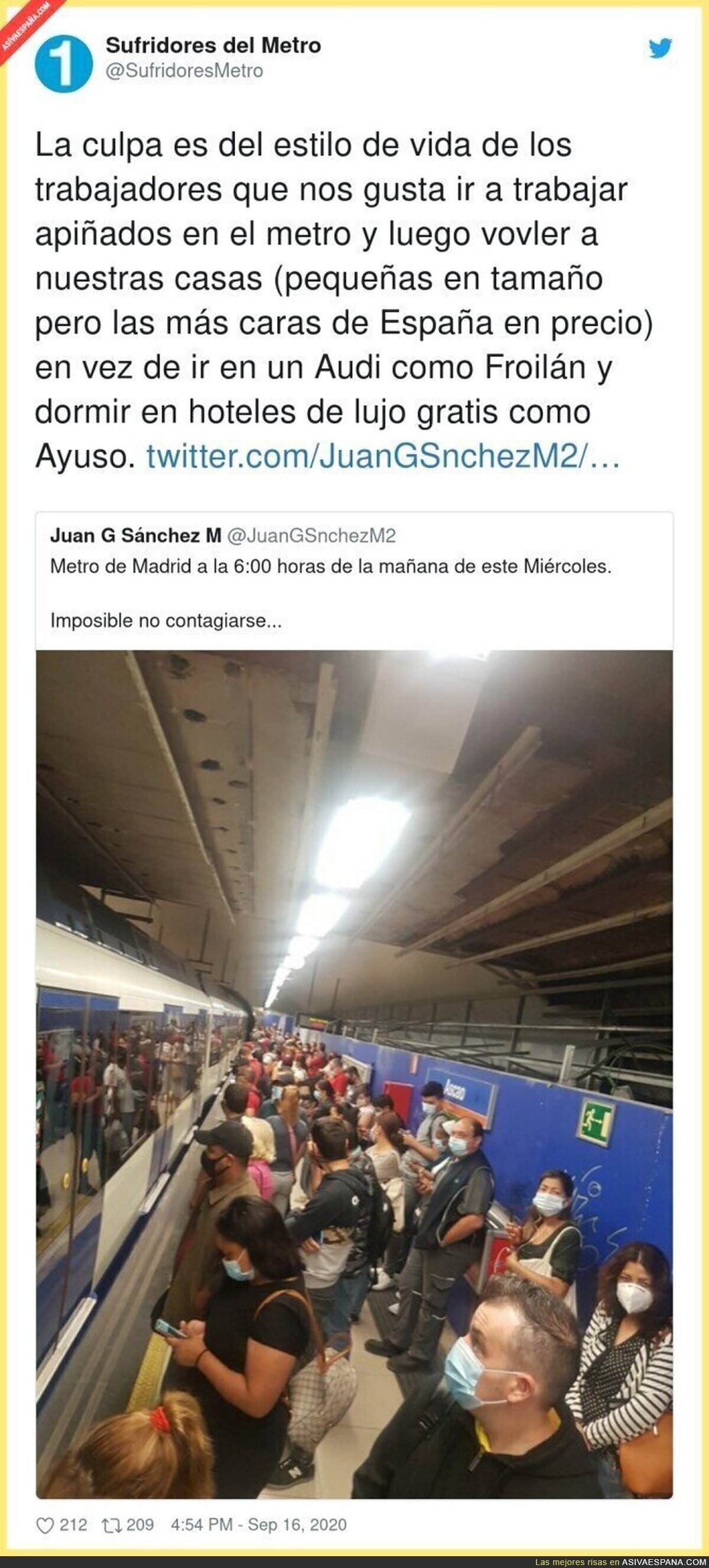 La dura vida de la gente que va en Metro destinada a contagiarse por culpa de Isabel Díaz Ayuso