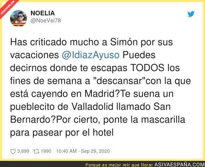391600 - Isabel Díaz Ayuso es pillada cada fin de semana de escapándose de Madrid