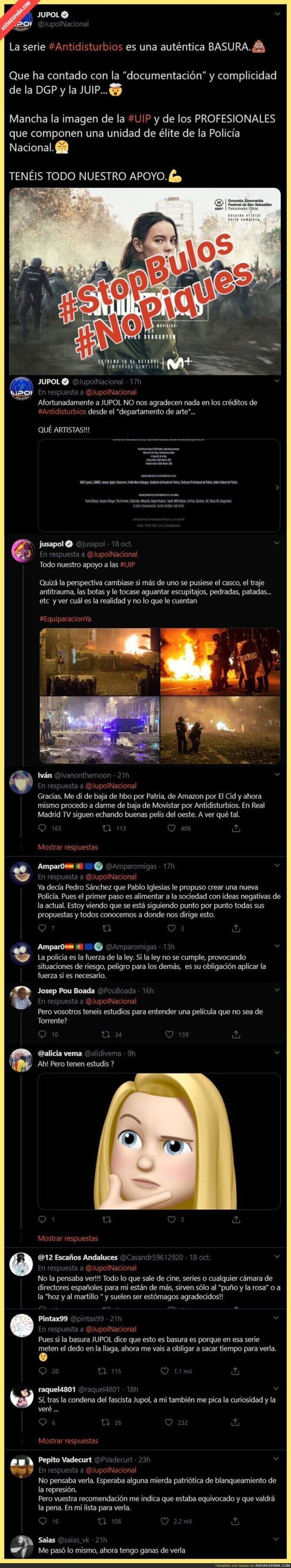 A JUPOL no le gusta la serie 'Antidisturbios' y todo el mundo se está lanzando a verla tras este penoso tuit de ellos