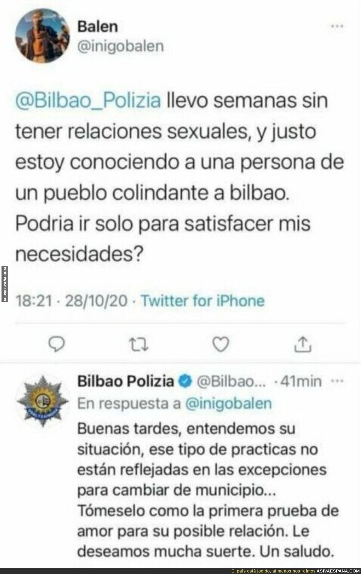 La respuesta de la Policía de Bilbao ante esta pregunta de amor en tiempo de coronavirus