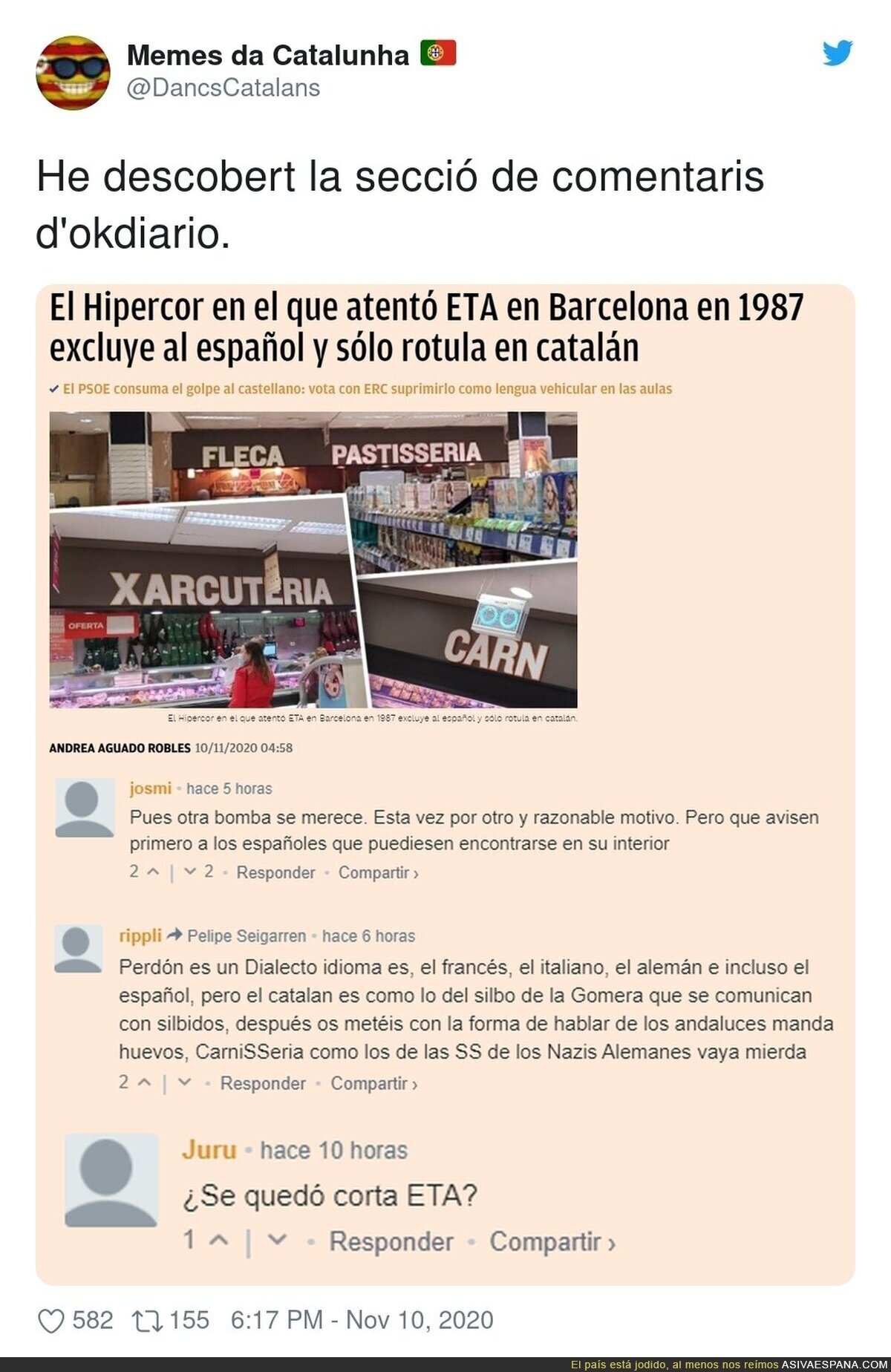 La gente sin escrúpulos que entra en OkDiario y sus responsables no hacen nada para moderar sobre el atentado de Hipercor