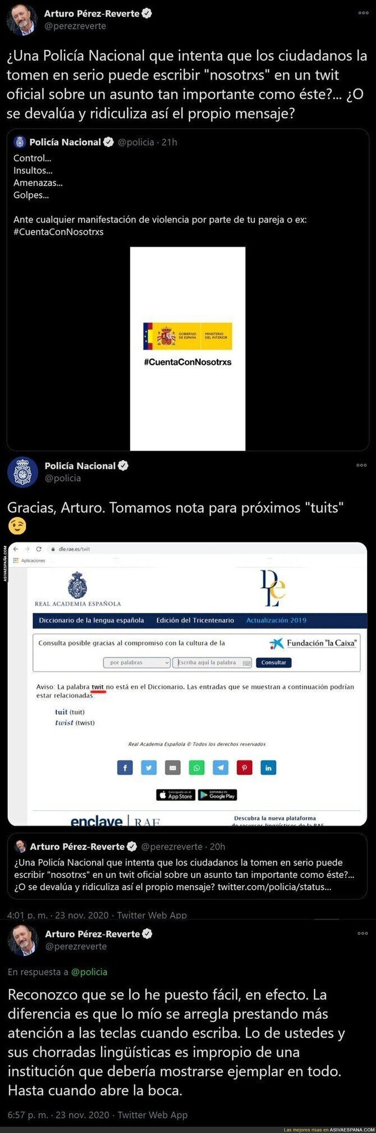 Pelea tuitera entre Arturo Pérez-Reverte y la Policía por una falta de ortografía