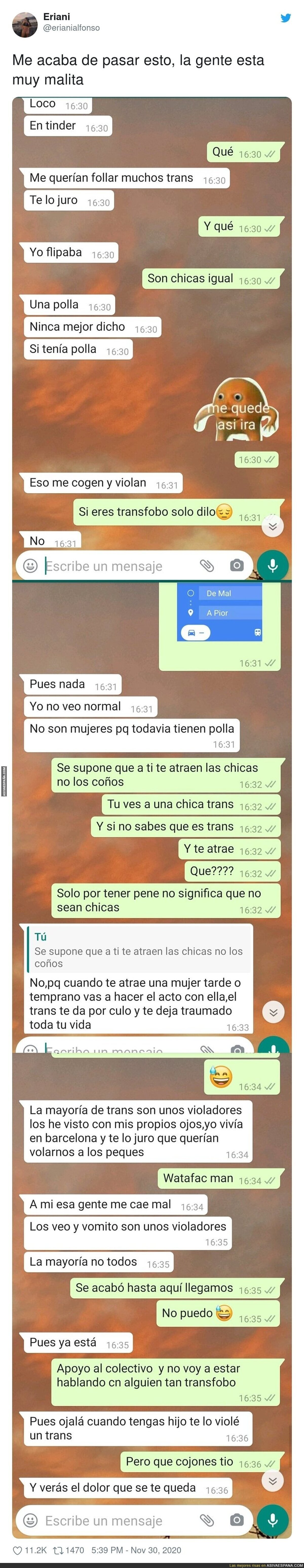 La transfobia es una enfermedad muy grave y para ejemplo este tío con esta conversación