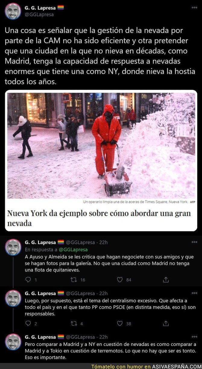 Madrid no se pueede comparar a Nueva York en gestión de la limpieza de nieve