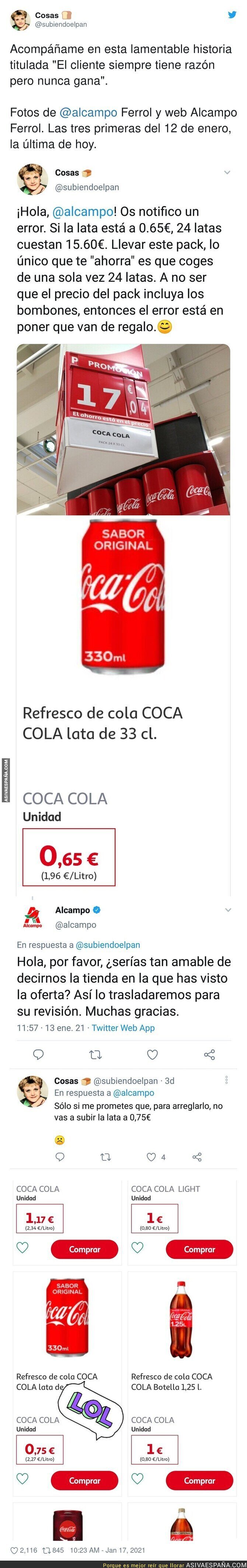 El consumidor que se quejó del precio de un pack de Coca-cola y así reaccionó Alcampo