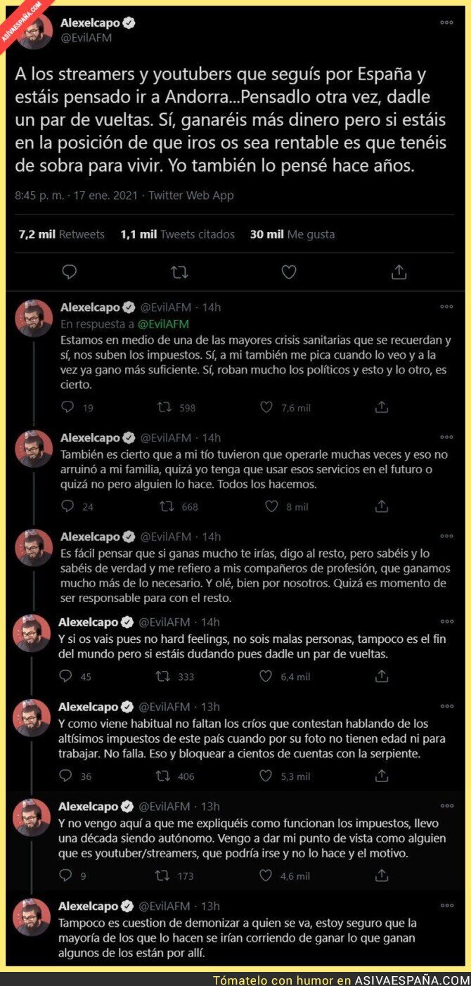 La auténtica lección del youtuber 'alexelcapo' a todos los de su profesión que se están yendo a Andorra para no pagar impuestos en España
