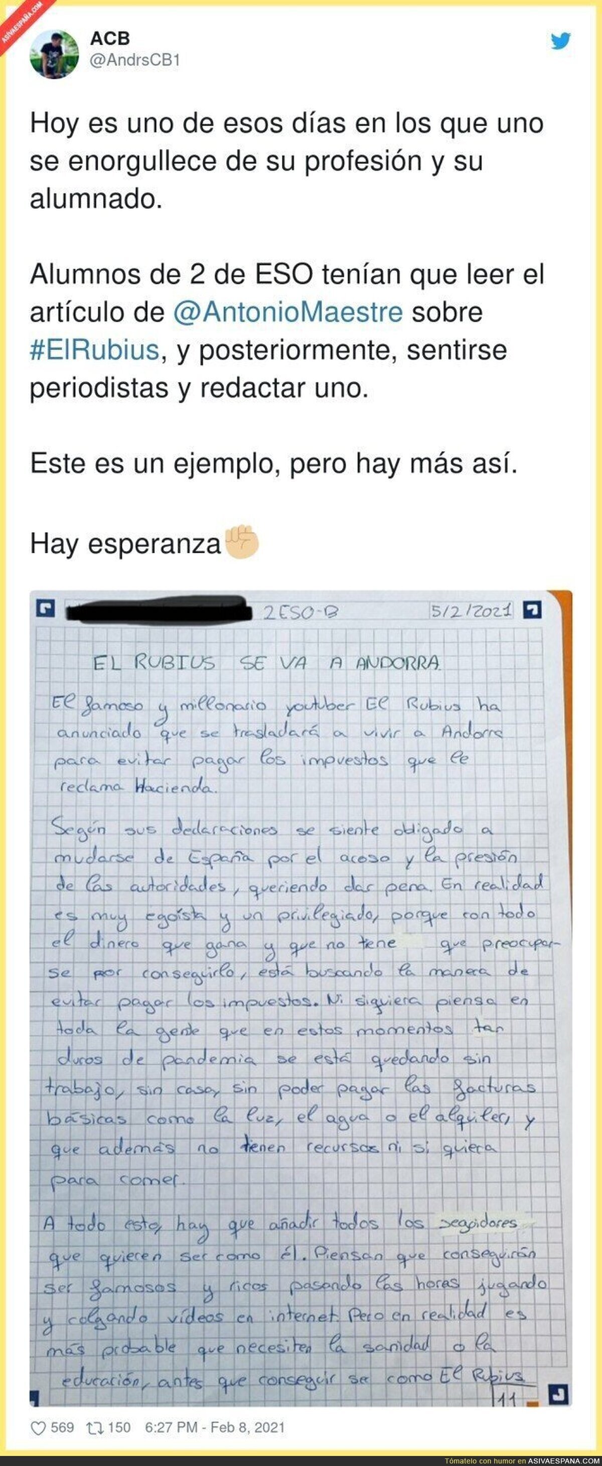 La carta que se ha hecho viral sobre un alumno de 2 de ESO sobre el Rubius y su fuga a Andorra