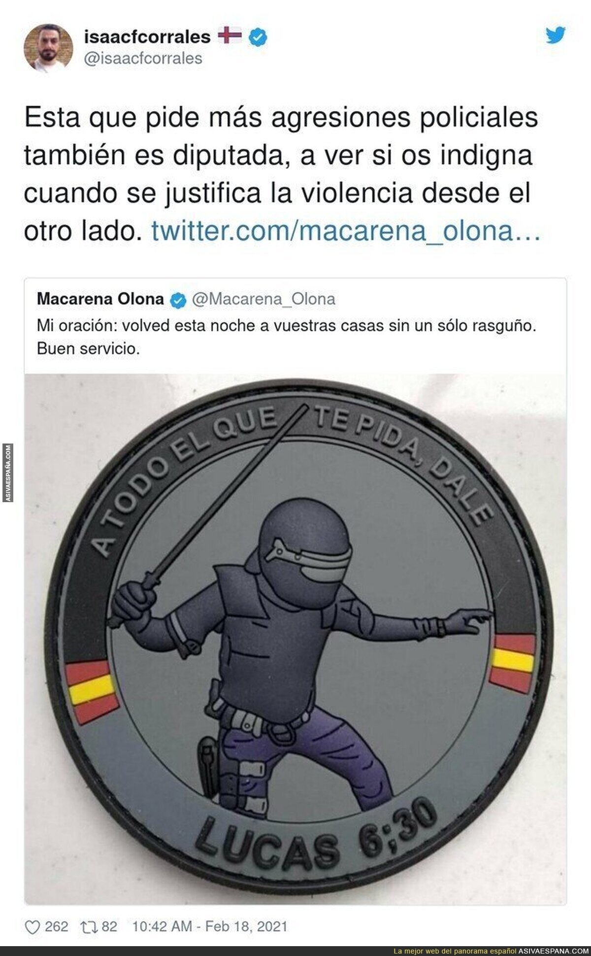 Macarena Olona aplaudiendo los porrazos de la Policía