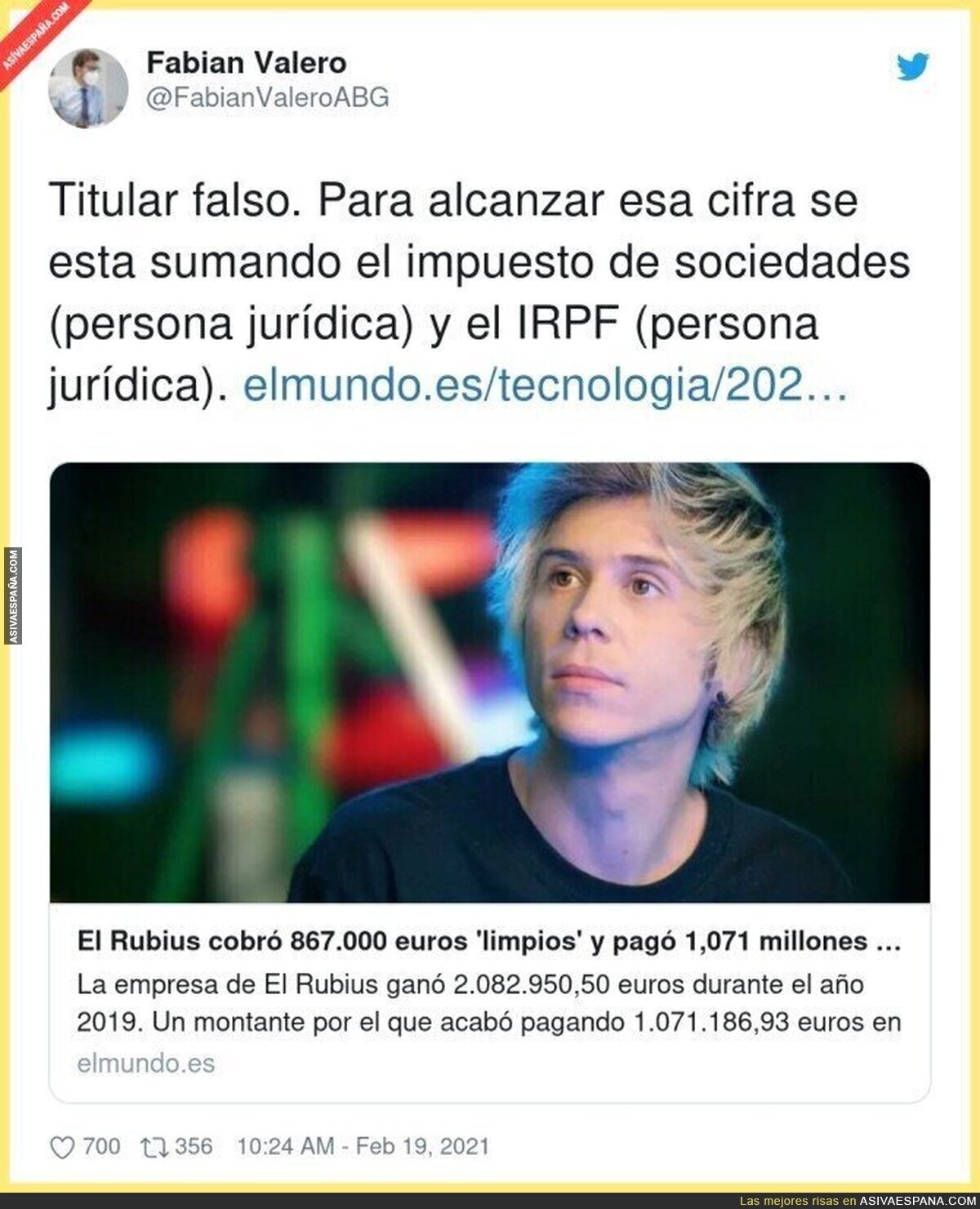 El Rubius es una persona física, y como tal pago 694.00 de IRPF y ganó limpios 867.000€