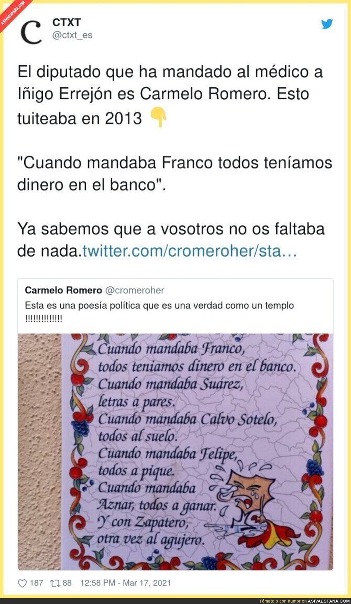 El político franquista del PP que mandaba al médico a Íñigo Errejón tuiteaba esto en 2013