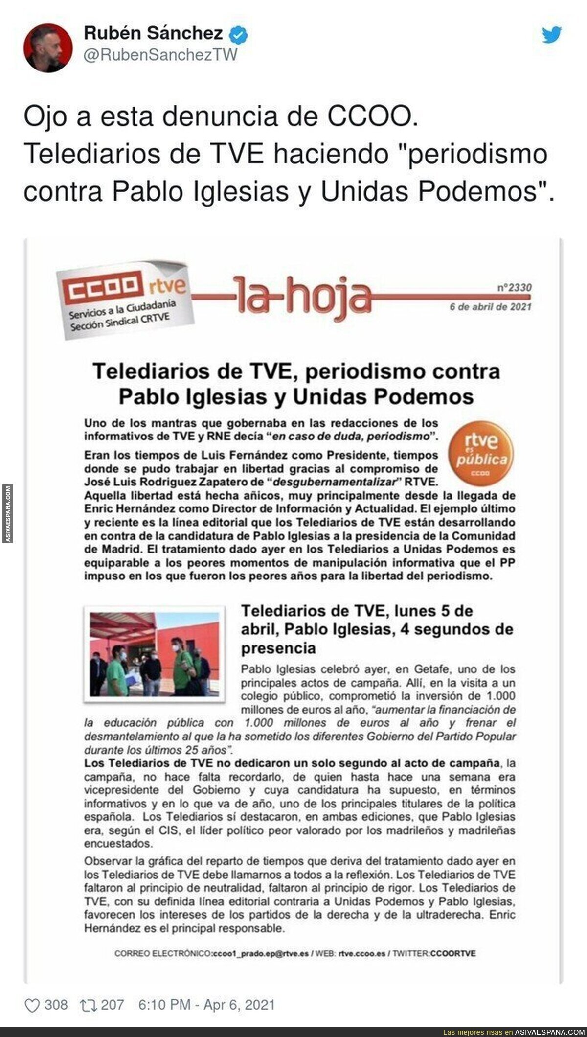 CCOO contra el Telediario de TVE por ir contra Pablo Iglesias y Unidas Podemos