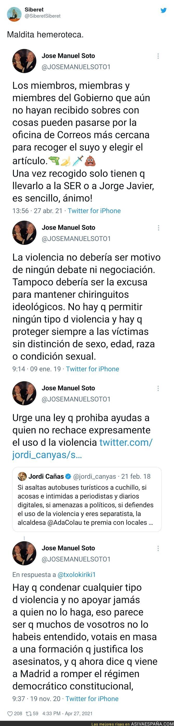 El 'cantante' José Manuel Soto y sus mensajes cachondeándose de las cartas amenazantes recibidas a varios políticos