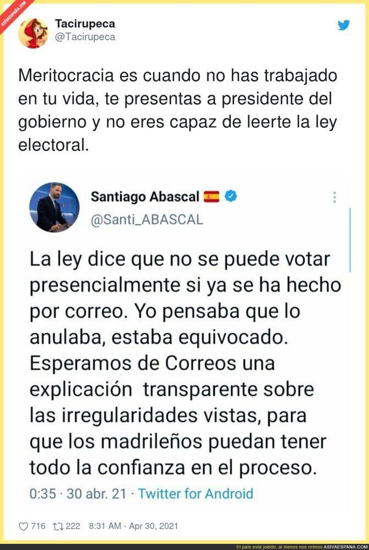 Santiago Abascal quería lío en las mesas electorales y le han pillado no sabiéndose la ley