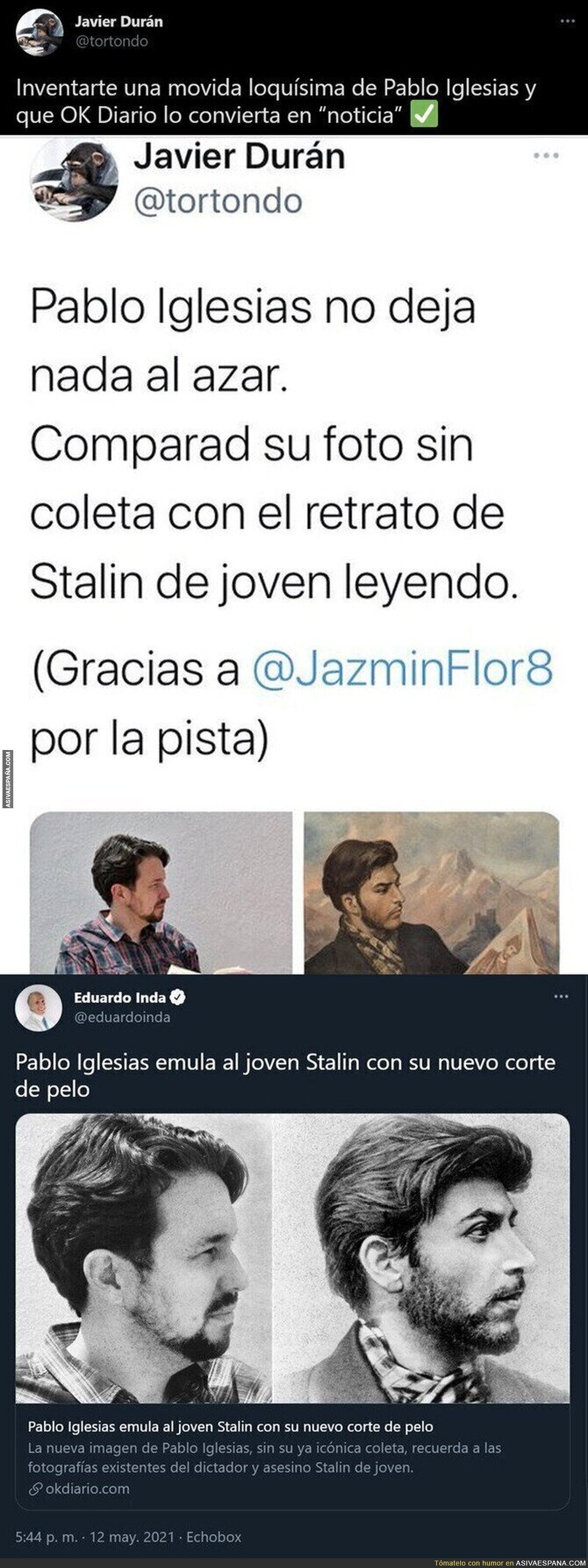OKDiario saca esta surrealista noticia sobre Pablo Iglesias y Stalin por su corte de pelo tras la broma de un tuitero