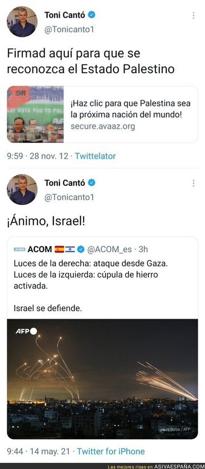 El miserable tuit de Toni Cantó sobre Israel que le retrata por completo por como pensaba en el pasado con este otro mensaje que publicó