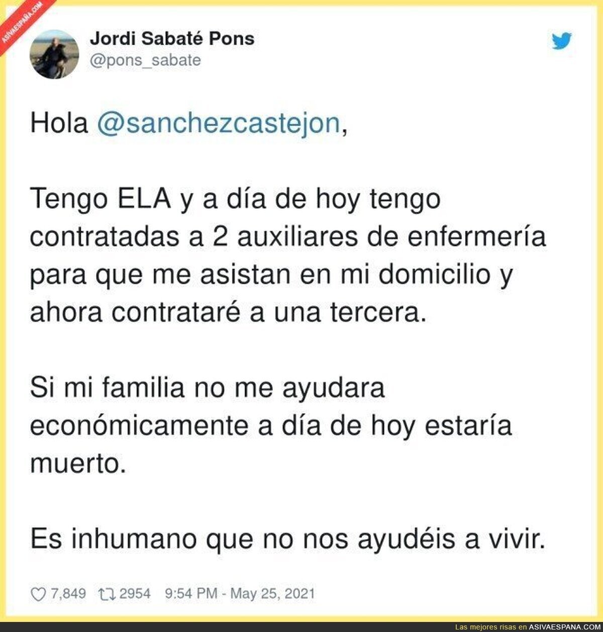 El llamamiento de Jordi Sabaté (enfermo de ELA) a Pedro Sánchez