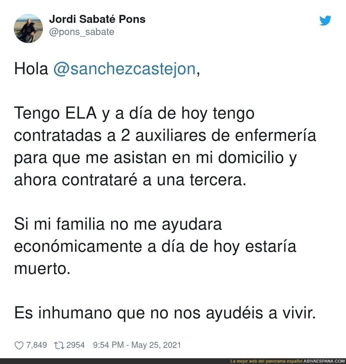 El llamamiento de Jordi Sabaté (enfermo de ELA) a Pedro Sánchez