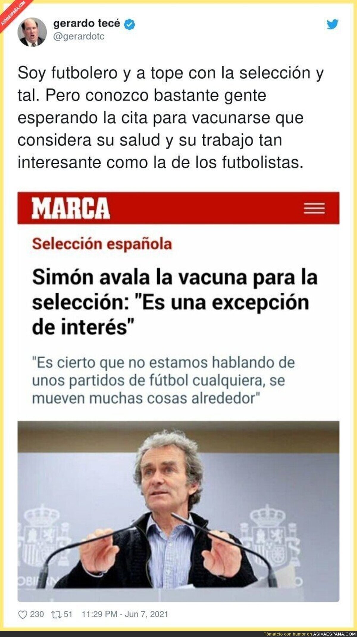 Fernando Simón ve bien que se vacune a la selección española