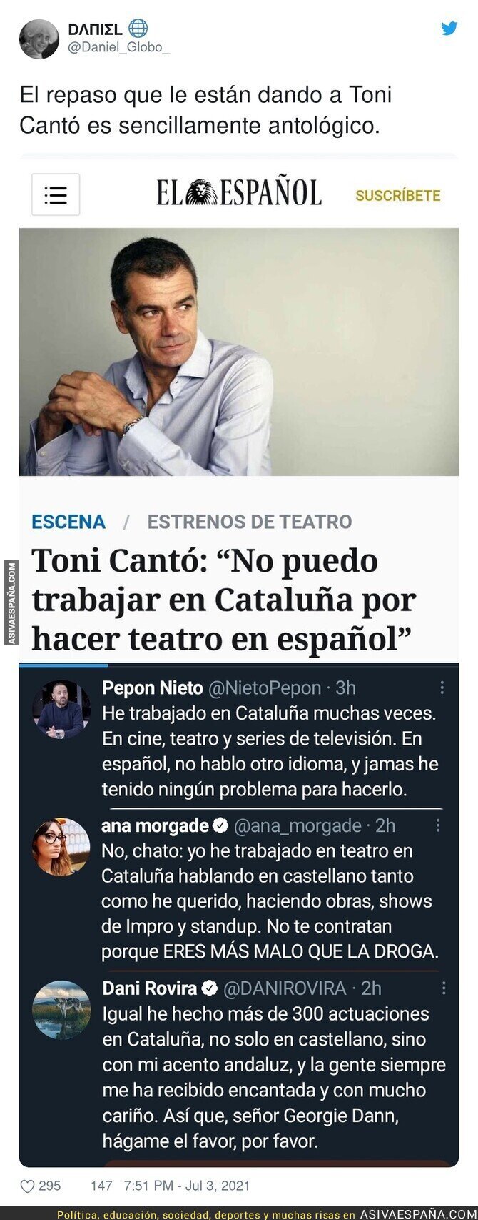 Todo el sector cultural está contra Toni Cantó por decir que hay problemas para trabajar en Catalunya si hablas en Español