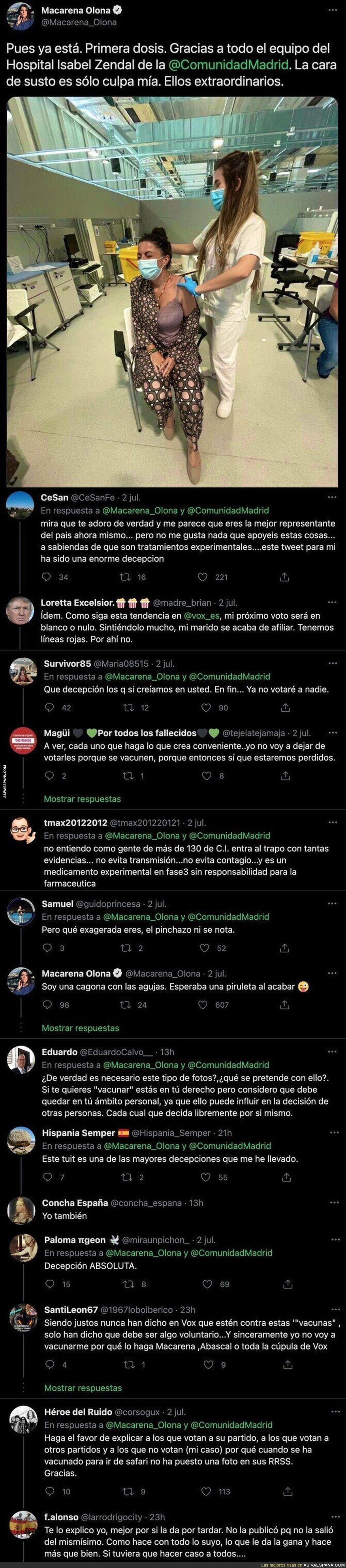 Macarena Olona (VOX) anuncia con este tuit que se ha vacunado y todos sus votantes están cargando duramente contra ella con estos mensajes