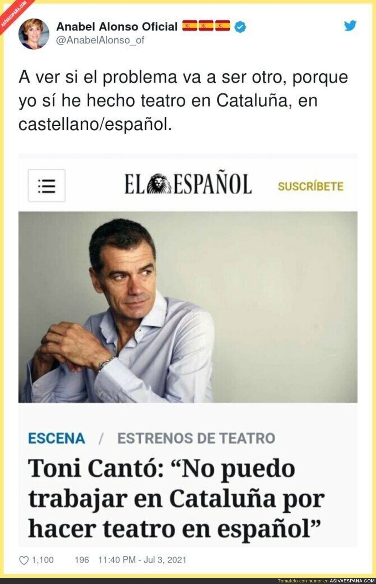 Anabel Alonso también tiene para Toni Cantó por decir que no puede trabajar en Cataluña en español