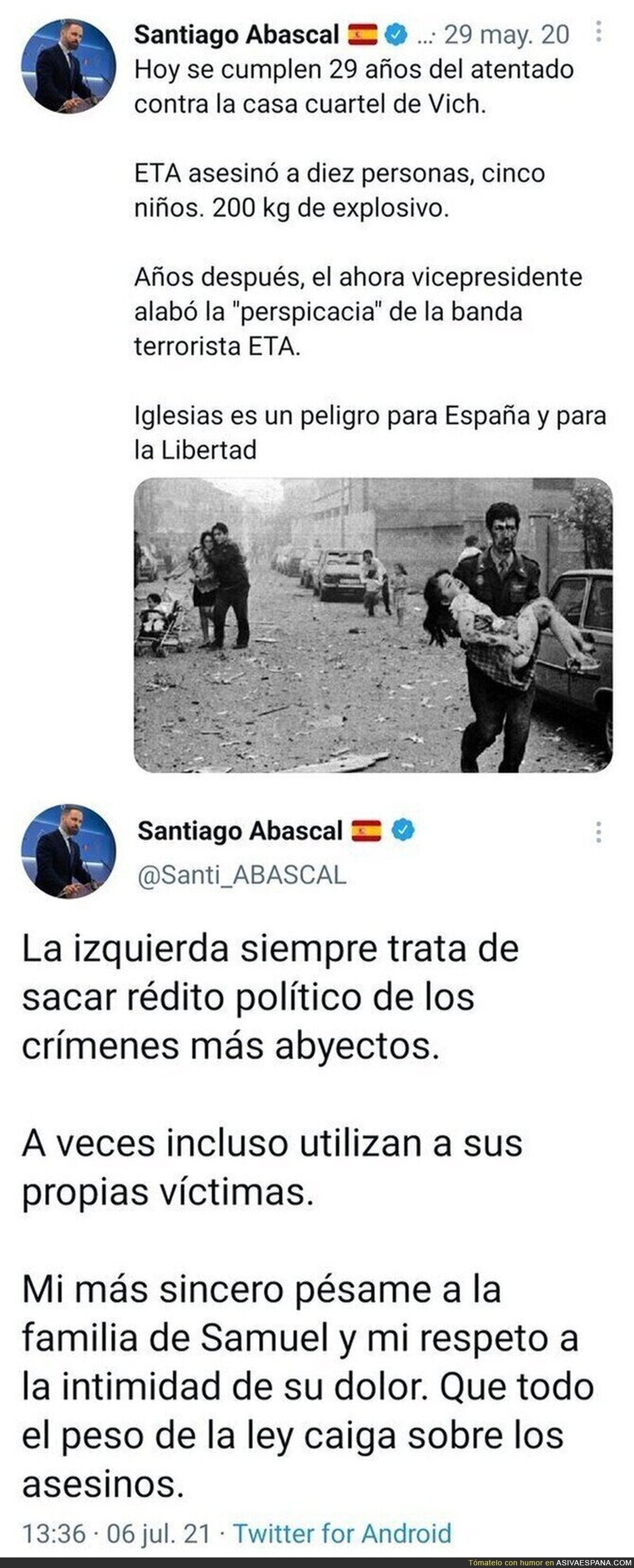 Así es la doble cara de Santiago Abascal y su doble rasero a la hora de hablar sobre asesinatos
