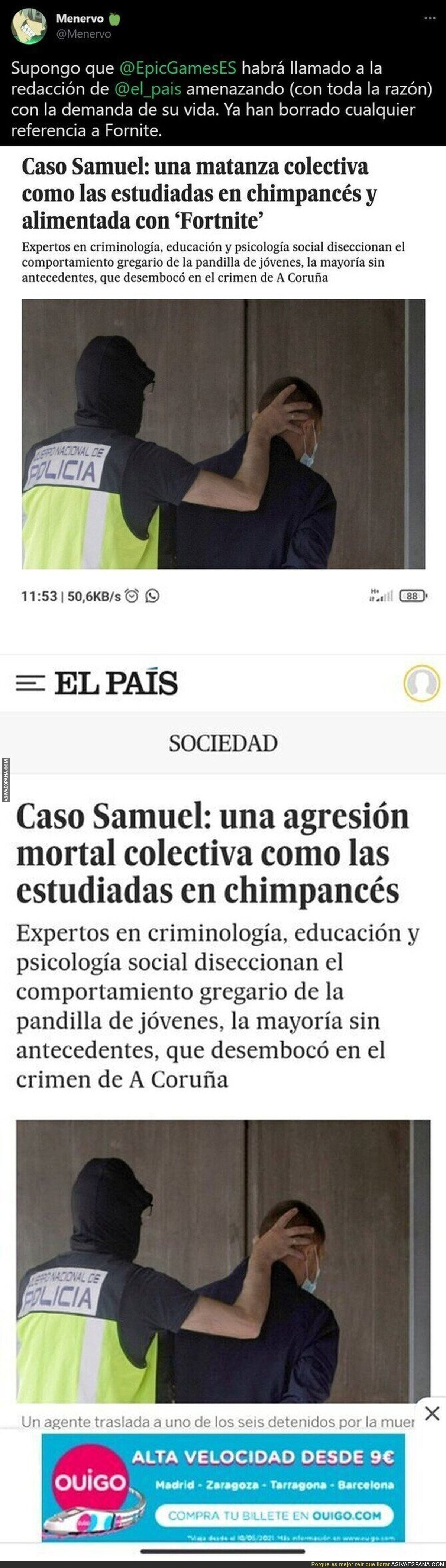 La irresponsabilidad tremenda de 'El País' relacionando el asesinato de Samuel con el Fortnite que han tenido que borrar