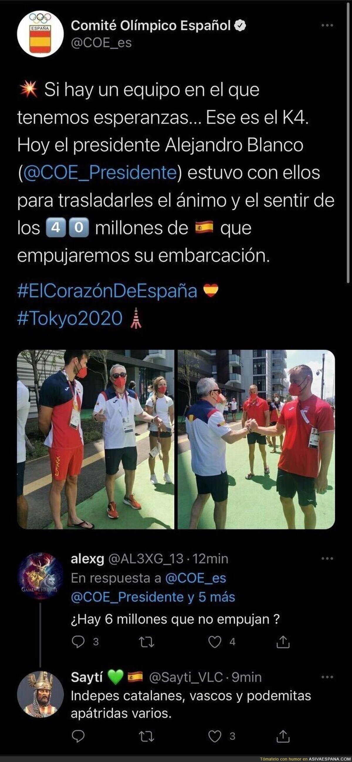 El 'Comité Olímpico Español' dice que hay 40 millones de españoles empujando para animar y no tarda en salir un votante de VOX en responder