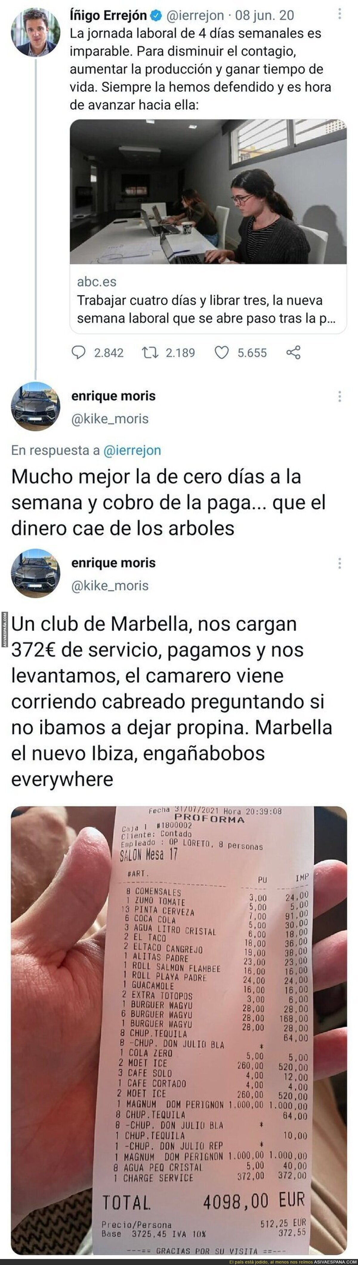 La persona que subió un ticket de 4000€ de un bar de Marbella tiene un tuit del pasado que le ha dejado totalmente retratado