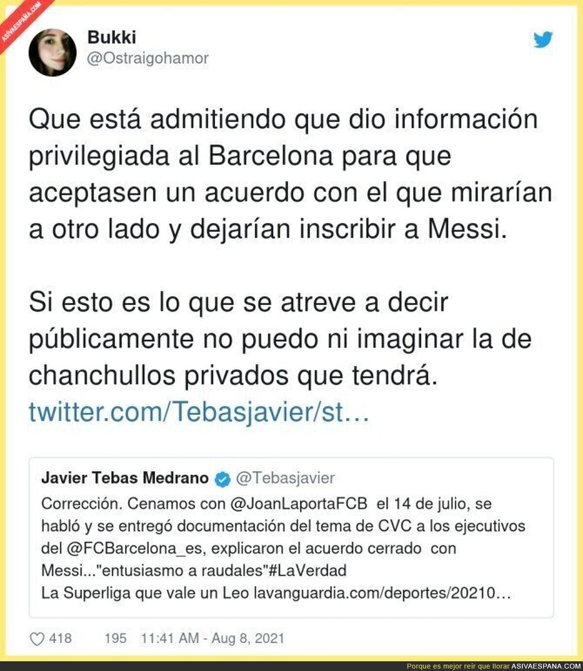 Javier Tebas se delata a si mismo un caso de chantaje al presidente Laporta