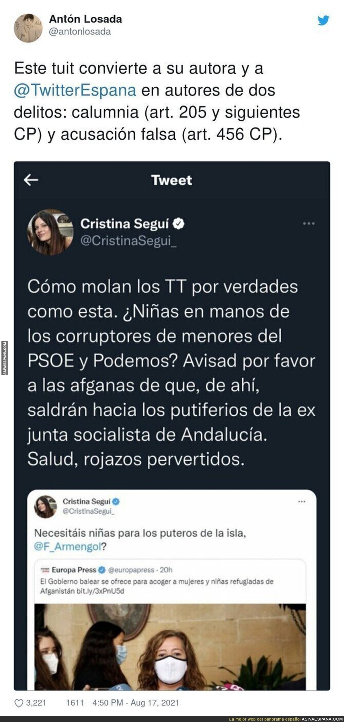 El peligroso tuit de Cristina Seguí por el que debería ser denunciada