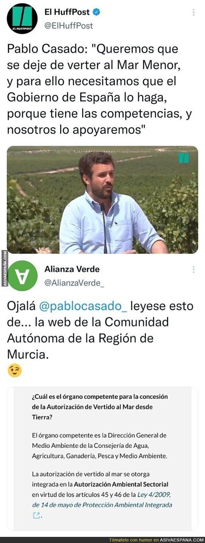 Pablo Casado pide a Pedro Sánchez que haga algo con el Mar Menor pero se nota que no sabe mucho de política por este gran detalle