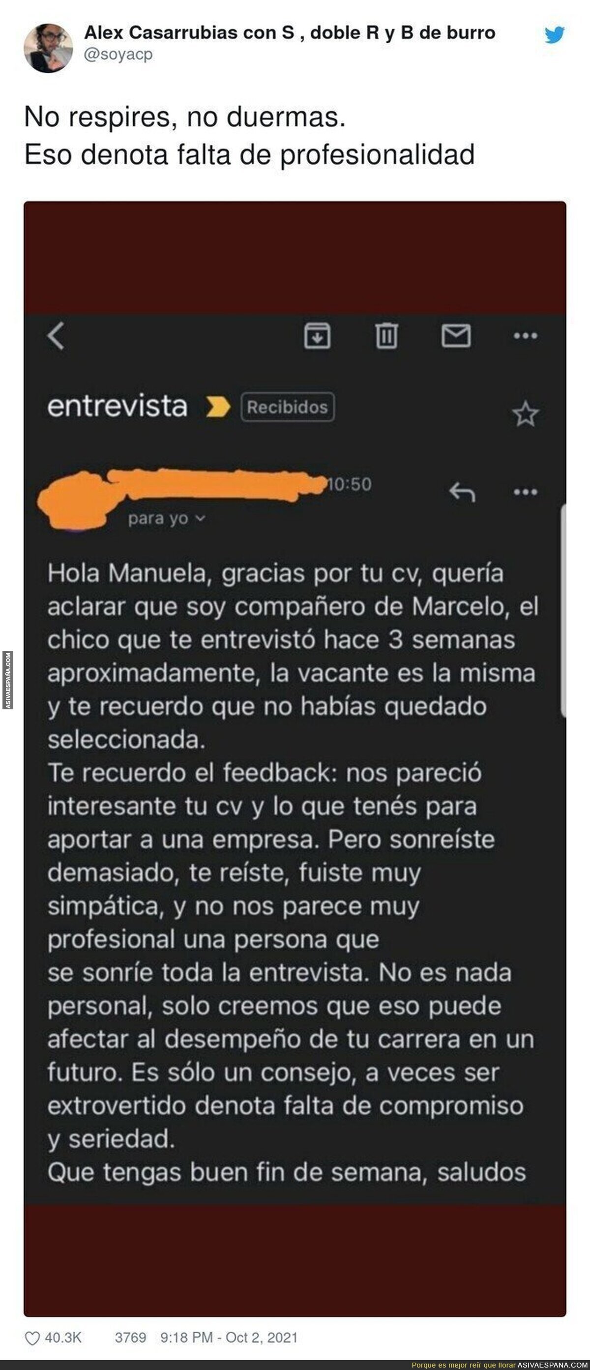 El increíble feedback que recibió una persona tras hacer una entrevista de trabajo para ser finalmente rechazada
