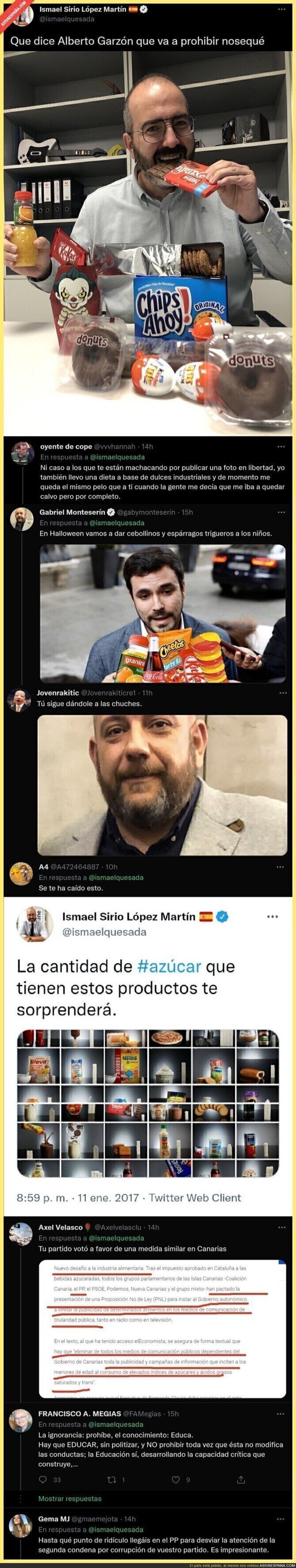 El responsable de Comunicación Online del PP carta contra Alberto Garzón por prohibir la publicidad de dulces con esta foto y todo el mundo se está riendo de él