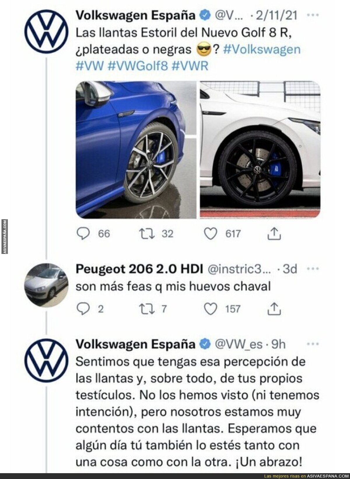 La monumental respuesta de Volkswagen a este usuario tras meterse con las llantas de su coche mencionándole sus huevos