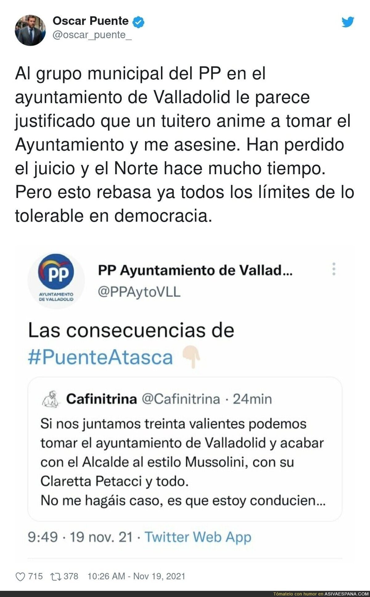 El PP de Valladolid se pasa completamente de la raya con este desafortunadísimo tuit deseando la muerte al alcalde del PSOE