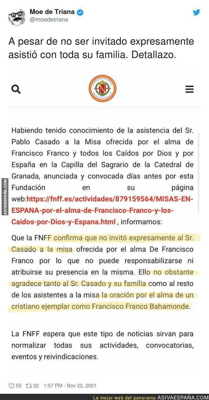 La Fundación Francisco Franco agradece a Pablo Casado por ir además con toda su familia al homenaje del dictador