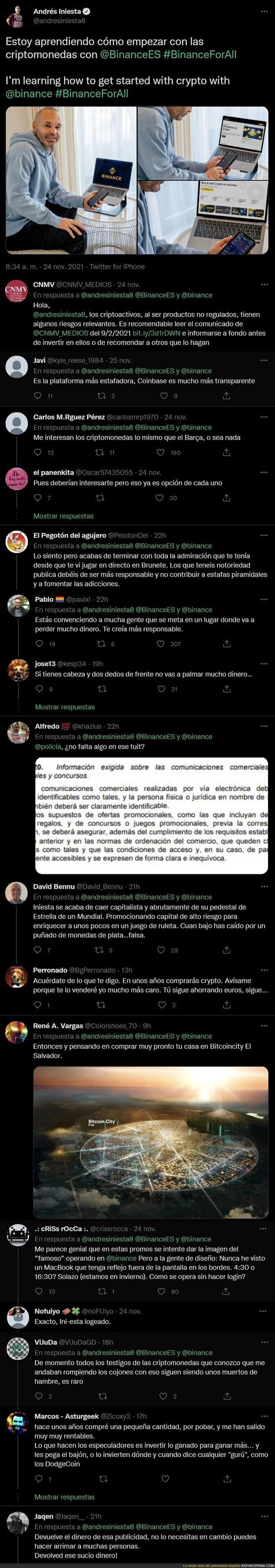 Andrés Iniesta se convierte en enemigo público número uno tras poner este mensaje publicitando las criptomonedas
